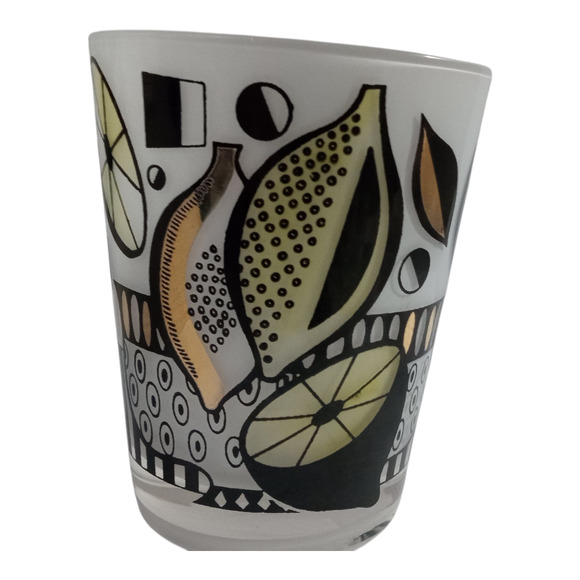 One Vtg MCM Georges Briard Fruit Black Gold Frosted Rocks Old Fashioned Lowball - Picture 6 of 10